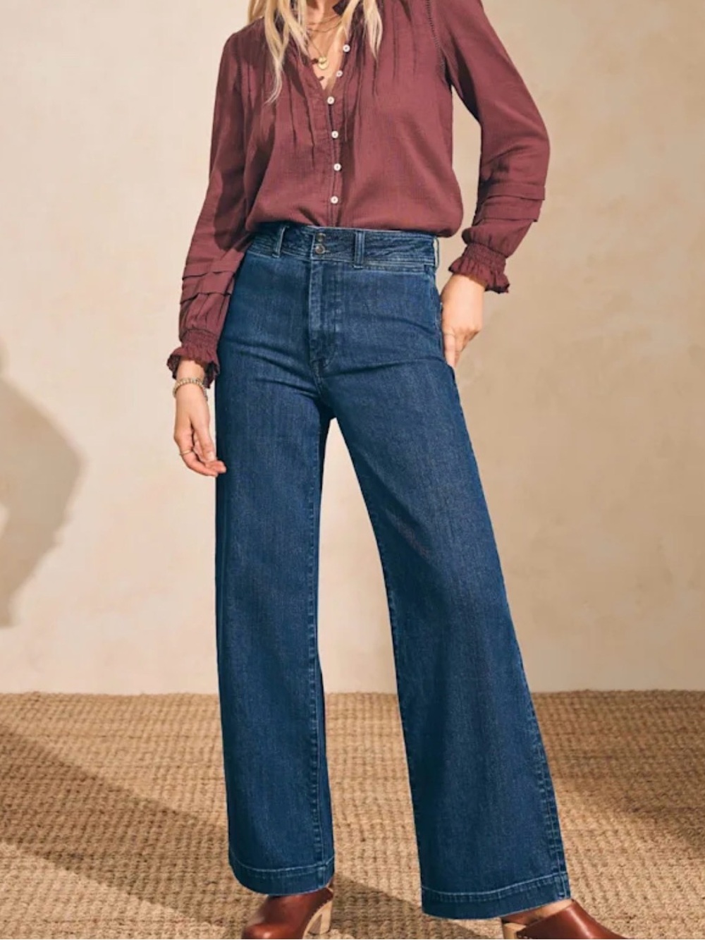 Faherty Button-Front Ruffled Yoke Blouse in Plum - Picture 3 of 7